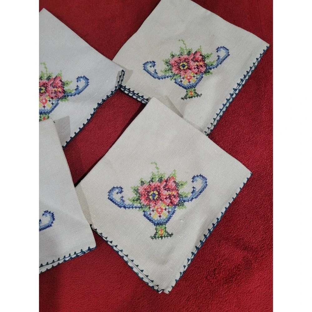 Vintage Cross Stitch Linen Napkins 4 Hemstitched 10 X 10 Sq Tea Coffee Luncheon